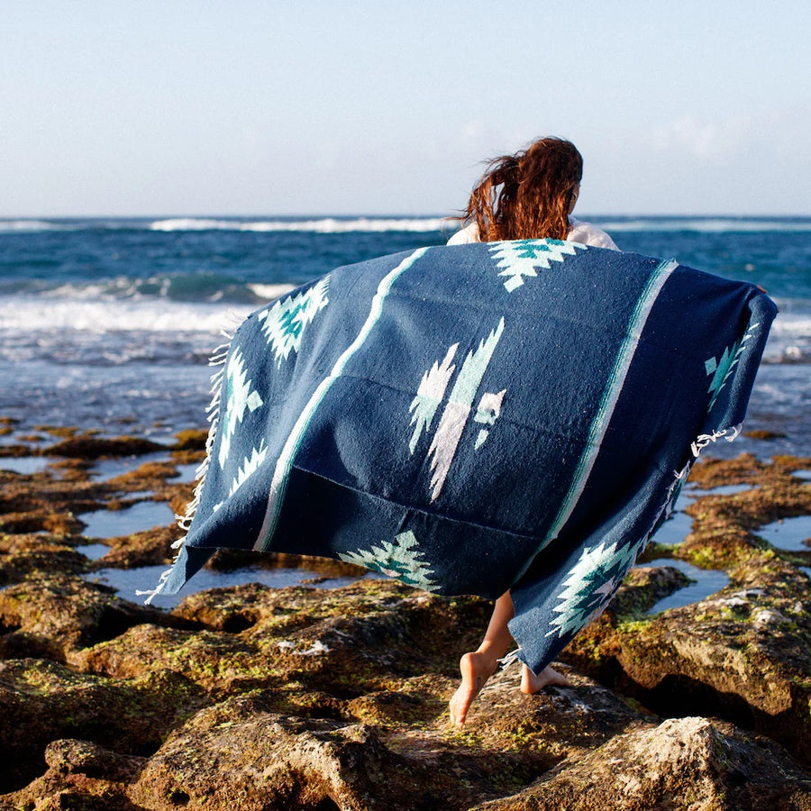 Mexican thunderbird blanket in blue colour at the ocean