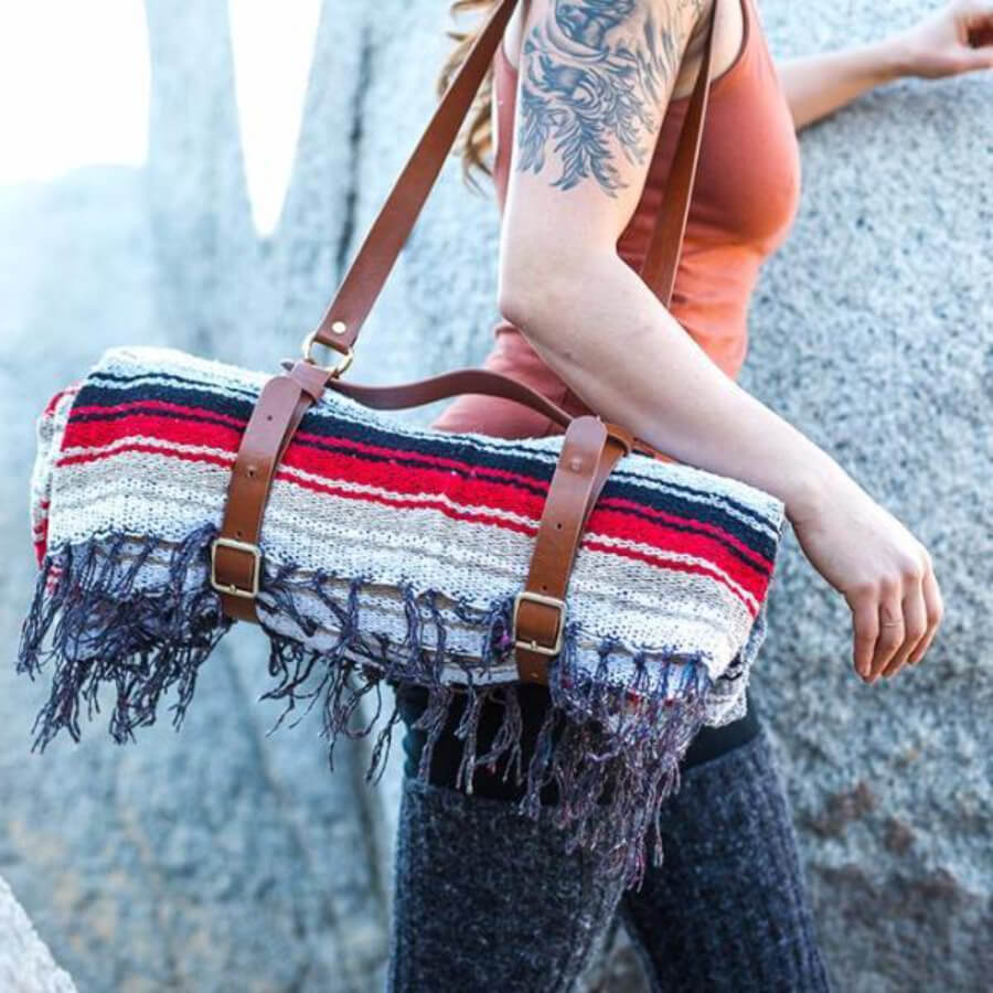 Vegan leather carrier for yoga blankets