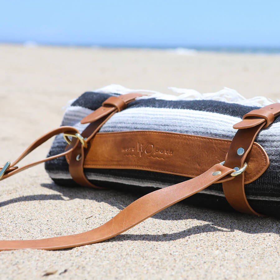 Blanket on beach with carrying straps